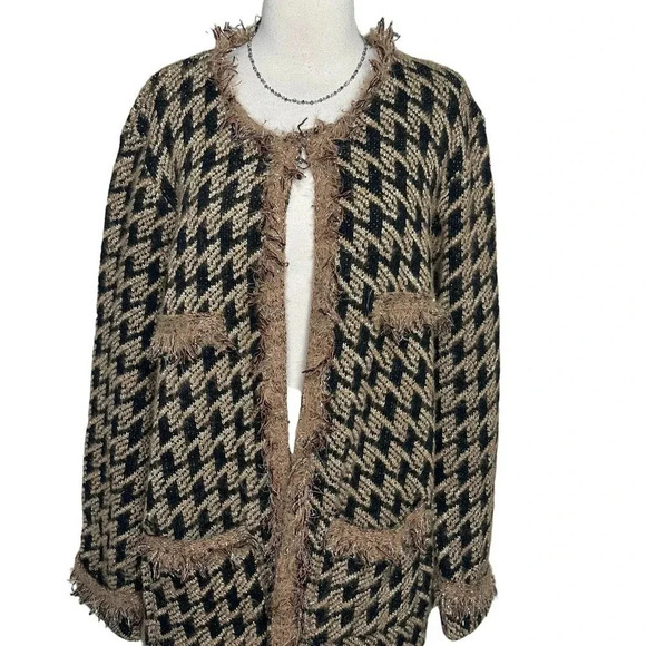 Davi + Dani 2X trendy black tan gold long fringe trim long sweater coat - Picture 5 of 11